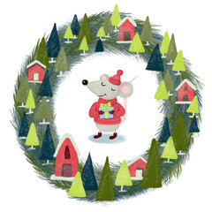 Cute Christmas mouse in a knitted hat and sweater with a gift in his hands on the background of a fir wreath with houses and snow on a white background