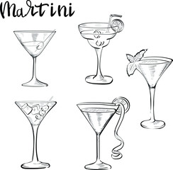 Martini glasses drink, vector isolated design elements on white background. Concept for logo, icon, menu 