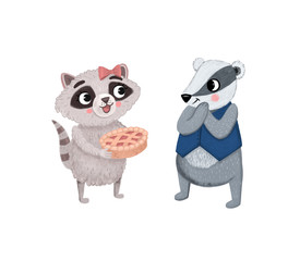 A raccoon with a pie came to visit a badger. Cartoon children illustration with animal characters.