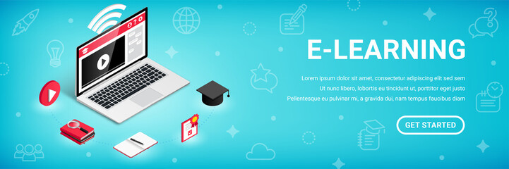 E-learning narrow banner, education process isometric concept. 3d symbol of video lesson, research of material, practice, exam. Learn design, online training courses and school vector illustration