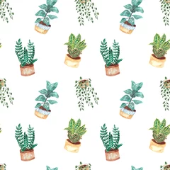 Tapeten Nahtloses Muster mit handgemalten Aquarell Zimmerpflanzen in Blumentöpfen. Dekorativer grüner Hintergrund ist ideal für Stofftextilien, Papier, Interieur © Vasia_illi