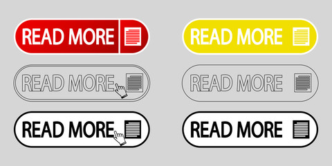 Read More colorful and outline button set on grey background. Flat line gradient button. Read more outline icons with hand cursor. Editable stroke. Vector