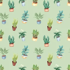 Zelfklevend Fotobehang Planten in pot Naadloze patroon met handgeschilderde aquarel kamerplanten in bloempotten. Decoratieve achtergrond van groen is ideaal voor textiel, papier, interieur