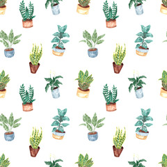 Seamless pattern with hand-painted watercolor indoor plants in flower pots. Decorative background of greenery is ideal for fabric textiles, paper, interior