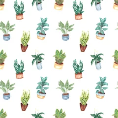 Wallpaper murals Plants in pots Seamless pattern with hand-painted watercolor indoor plants in flower pots. Decorative background of greenery is ideal for fabric textiles, paper, interior