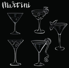 Martini glasses, drink chalk vector isolated design elements on black background. Concept for menu, cards, logo