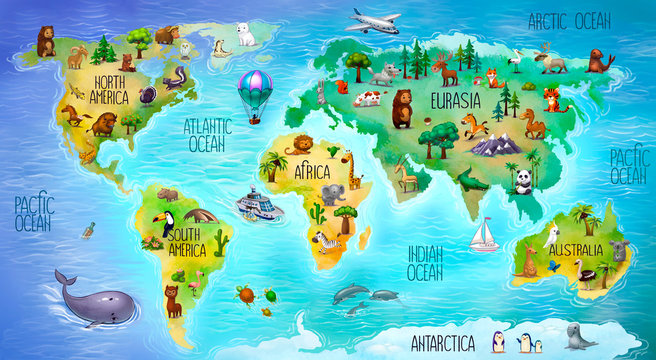 children's world map with mainland fauna © Antracit