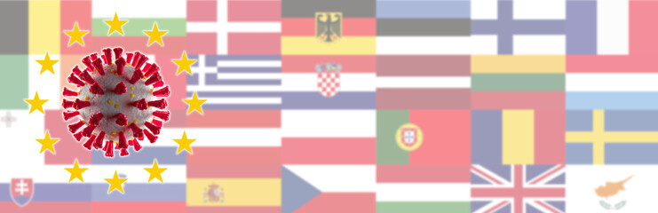 Europäische Flaggen der Union und Corona-Virus. Wideraufbauplan der Union durch Investitionen und Fonds.