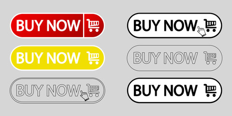 Buy now web buttons. Set of vector modern trendy flat buttons. Trendy colors buy now. Set of Buy now internet icons. Red, yellow, white and outline buy now buttons