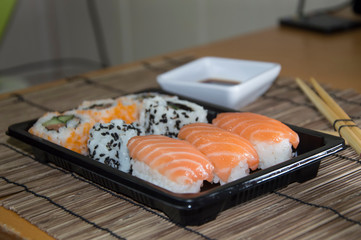 Susi and soup in macro view in a Japanese restaurant