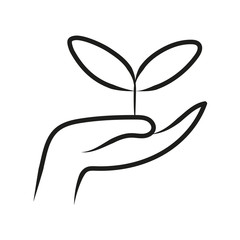 Doodle style icon sprout in hand. Vector illustration isolated on a white background. Illustration can be used in the field of ecology, gardening, healthy nutrition.