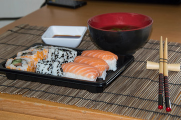 Susi and soup in macro view in a Japanese restaurant