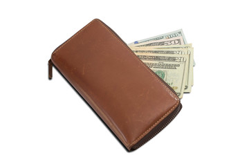 Brown leather wallet with US Dollar banknotes.