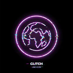 Globe line art vector icon. Outline symbol of world. Planet Earth pictogram made of thin stroke. Glitched 80s cyber punk style.