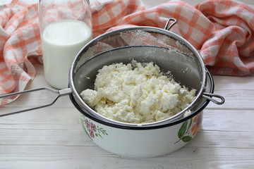 Cottage cheese with milk on a white background