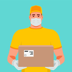 Fototapeta na wymiar Delivering parcel. Courier in medical mask and gloves. Delivery man holding cardboard box. Carrying package. Sterile cargo.