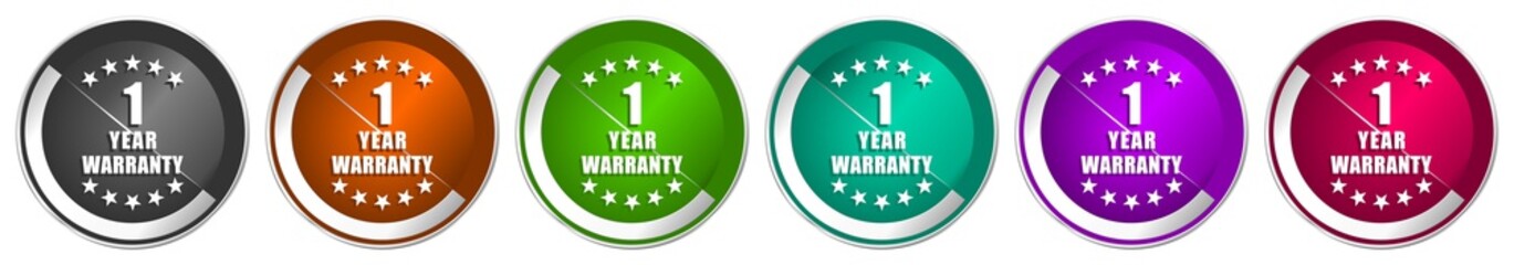 Warranty guarantee 1 year icon set, silver metallic chrome border vector web buttons in 6 colors options for webdesign