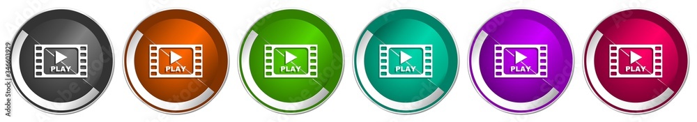 Fototapete video icon set, silver metallic chrome border vector web buttons in 6 colors options for webdesign