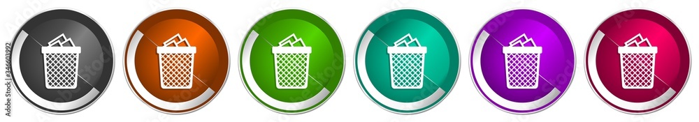 Aufkleber Trash, can icon set, silver metallic chrome border vector web buttons in 6 colors options for webdesign