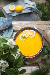 Tart with lemon curd.  Lemon pie. American cuisine. Dessert. Natural garden. top view