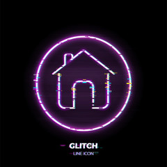 Home line art vector icon. Outline symbol of house. Building pictogram made of thin stroke. Glitched 80s cyber punk style.
