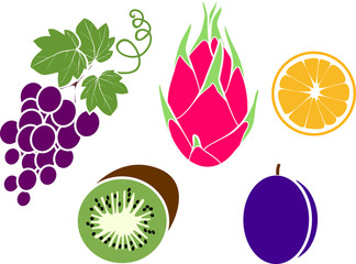 Set of different ripe fruits in flat style: dragon fruit, grape, kiwifruit, plum and orange