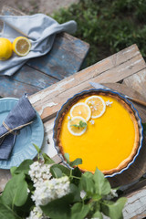Tart with lemon curd and meringue. Lemon pie. American cuisine. Dessert.