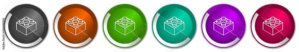 Fototapete Toy brick icon set, silver metallic chrome border vector web buttons in 6 colors options for webdesign