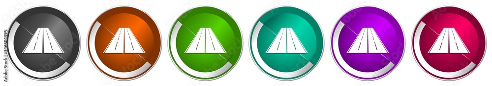 Aufkleber Road icon set, silver metallic chrome border vector web buttons in 6 colors options for webdesign
