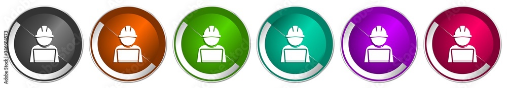 Fototapete engineer with laptop icon set, worker, manager silver metallic chrome border vector web buttons in 6