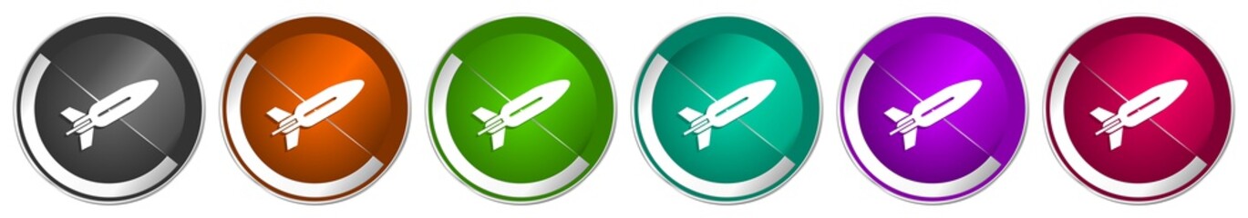 Missile icon set, rocket, weapon, war silver metallic chrome border vector web buttons in 6 colors options for webdesign