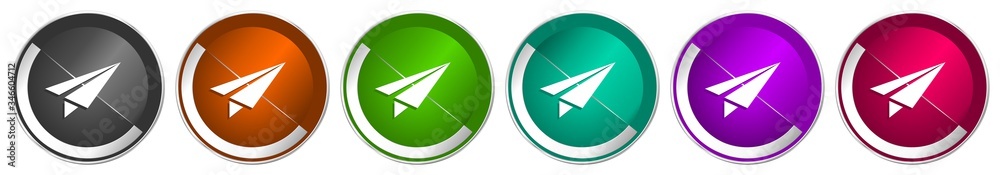 Aufkleber paper plane icon set, fly, flight, airplane silver metallic chrome border vector web buttons in 6 co
