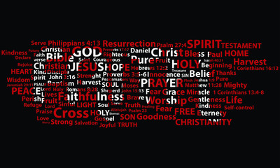 Word faith highlighted in white written with christian words on black background. Christian background