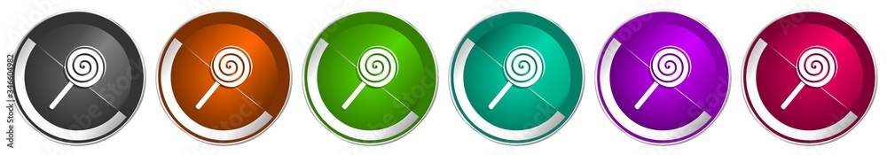 Aufkleber lollipop icon set, candy, sweet food silver metallic chrome border vector web buttons in 6 colors op
