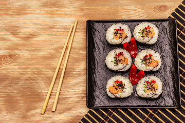 Korean roll Gimbap(kimbob). Steamed white rice (bap) and various other ingredients