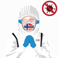 Covid-19 or Coronavirus concept. Norwegian medical staff wearing mask in protective clothing and praying for against Covid-19 virus outbreak in Norway. Norwegian man and Norway flag. Epidemic corona