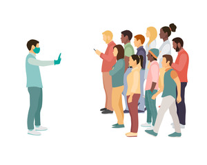 Obraz premium Man in a mask and gloves leaves the crowd without masks, urges her to behave safely and keep distance. plane vector illustration