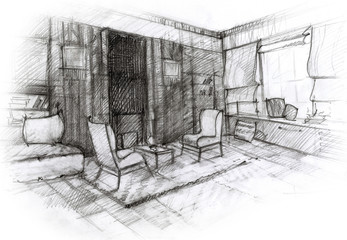 Room interior with a large window, with a coffee table and armchairs. Hand drawn sketch