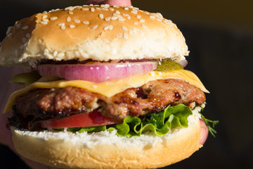 Homemade Burger cooked from tomatoes, lettuce, cucumbers, onions and sauce on white bread, looks very appetizing. Delicious fast food concept. Copyspace