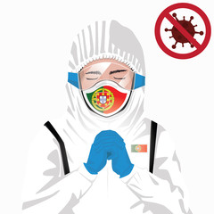 Covid-19 or Coronavirus concept. Portuguese medical staff wearing mask in protective clothing and praying for against Covid-19 virus outbreak in Portugal. Portuguese man and Portugal flag. Pandemic