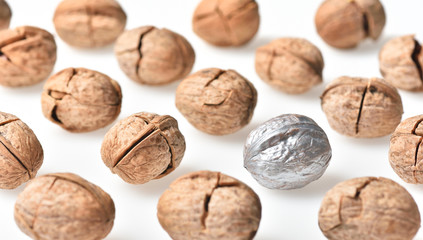 Business concept and be different. Many cracked nuts and one of them is whole and strong.