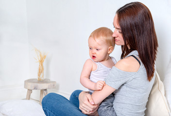 portrait   white little girl, baby , mother, bright room