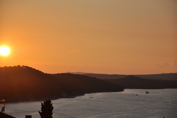 Red sunset in the mountains and beach, Croatia