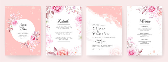 Wedding invitation card template set with watercolor and floral decoration. Flowers background for save the date, greeting, rsvp, thank you