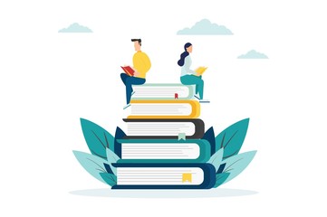 People with books, on books, flat style on a white background, vector
