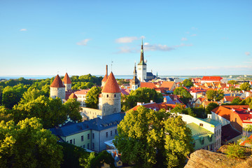 Aerial view of the Tallinn old town on a sunny summer day. St. Olaf's Church close-up. Panoramic...