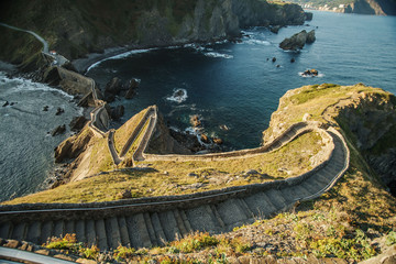 View of the stairs leading to San Juan de Gaztelugatxe during sunrise