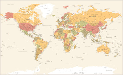 Fototapety  Mapa świata Vintage Polityczna - Szczegółowa ilustracja wektorowa - Warstwy