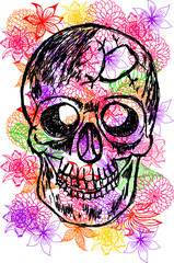 Fototapeta premium Skull and colorful flowers print and embroidery graphic design vector art