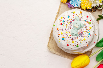 Easter cake on white putty background. Traditional Orthodox festive bread